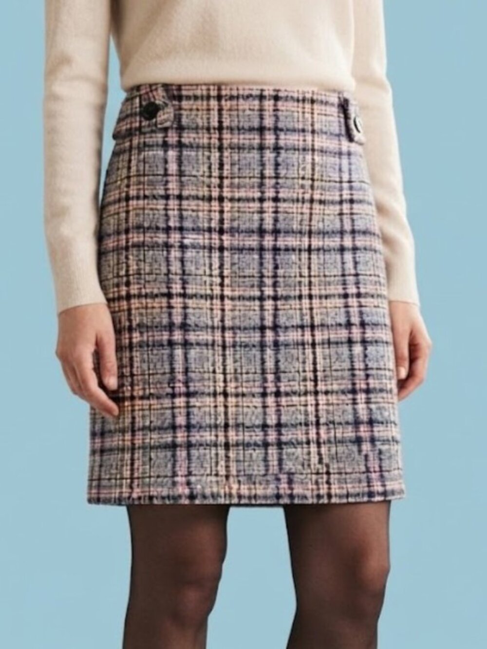 Plaid Tweed Mini Skirt with Button Accents